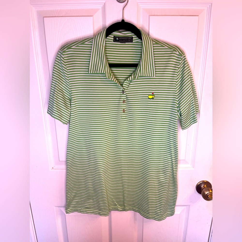 Women’s Green Striped Button-Down Polo with Embroidered Bee